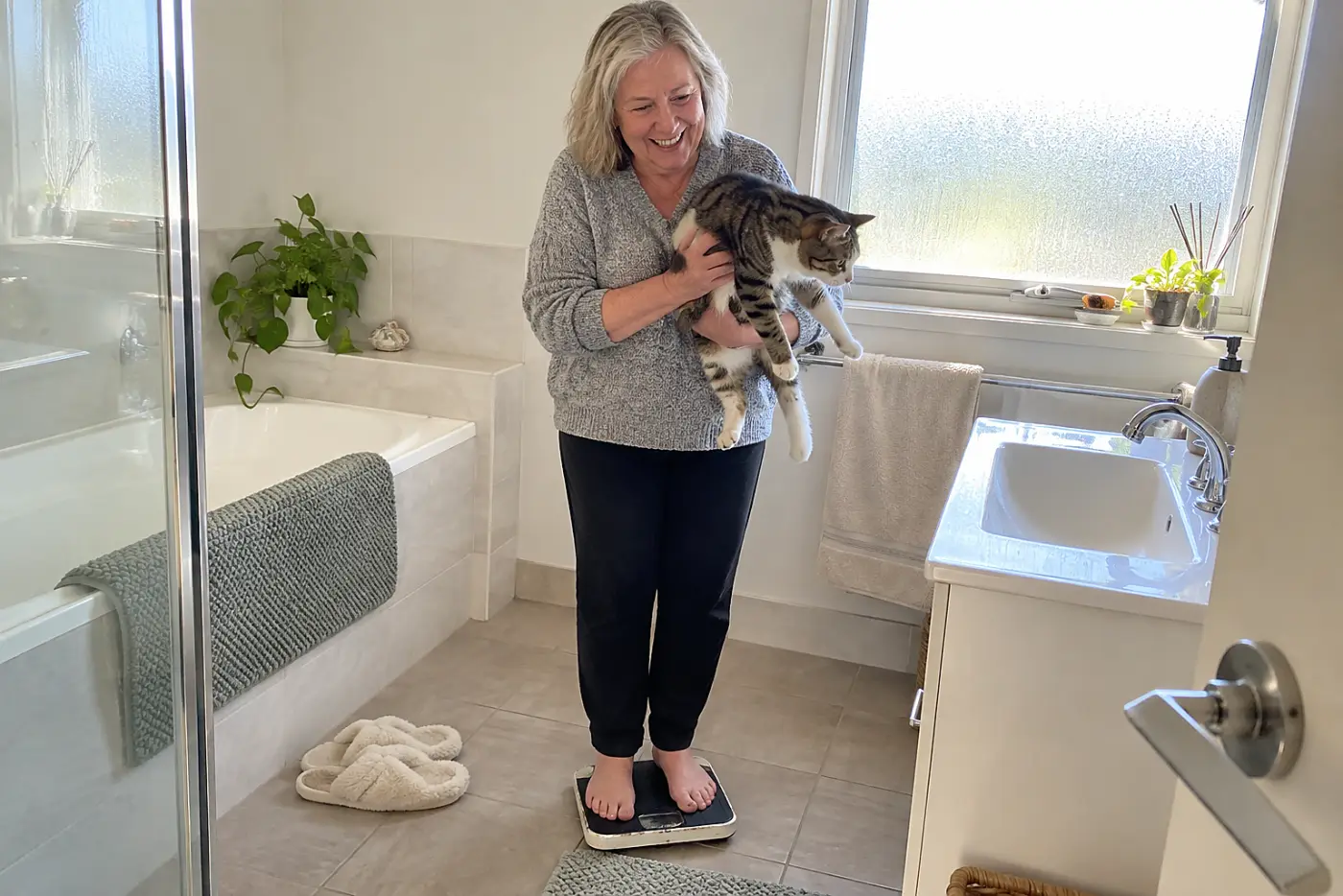 An older woman holding her cat while standing on a bathroom scale.