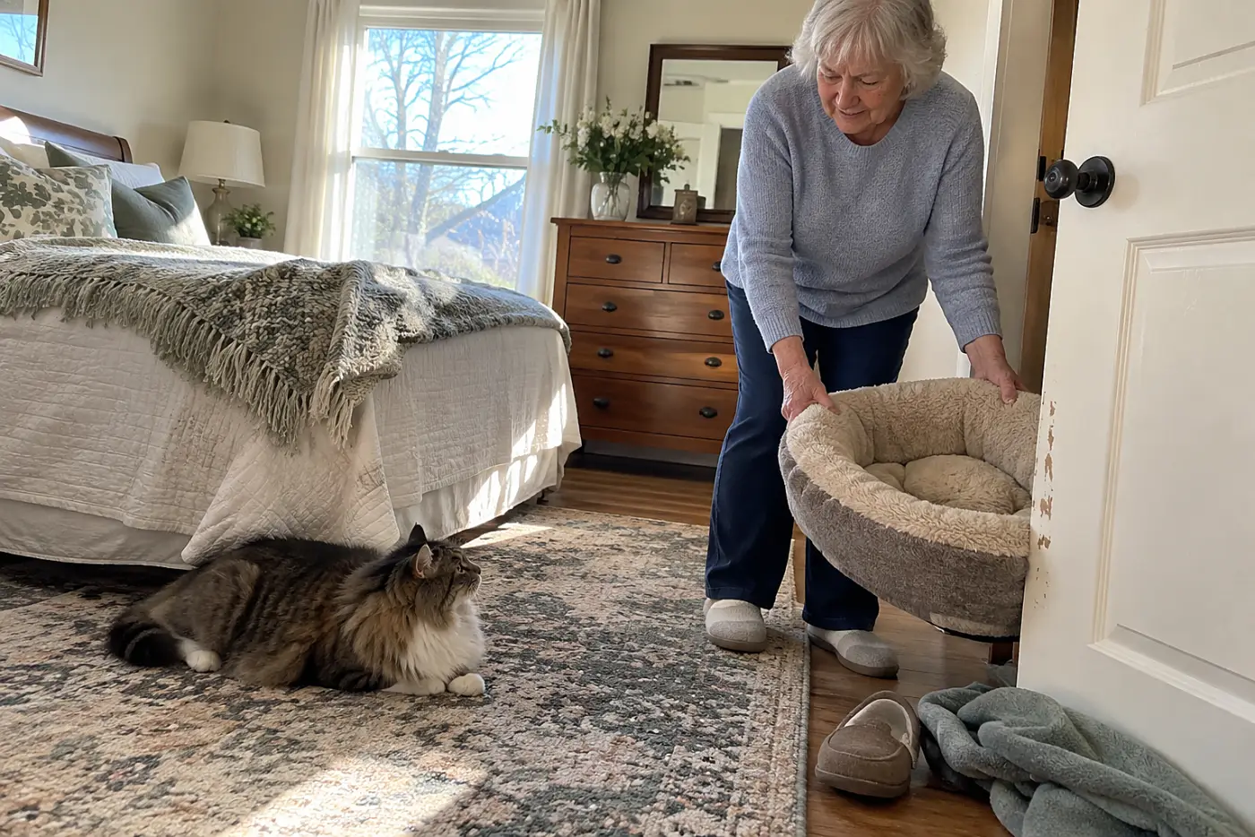 An older woman placing a cat bed beside the bedroom doorway as her cat rests nearby.