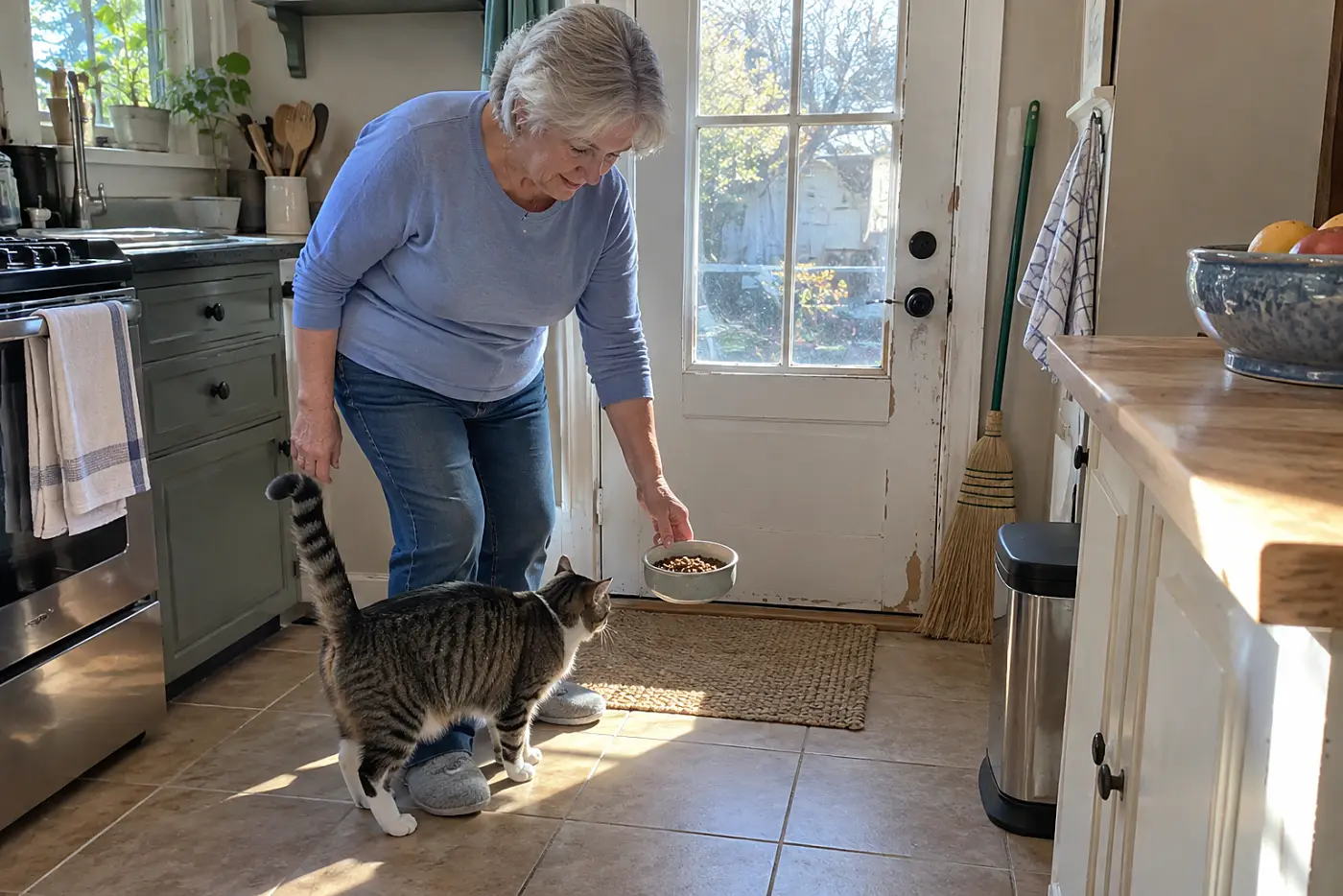 An older woman moving a food bowl away from the back door as her cat follows in the kitchen.