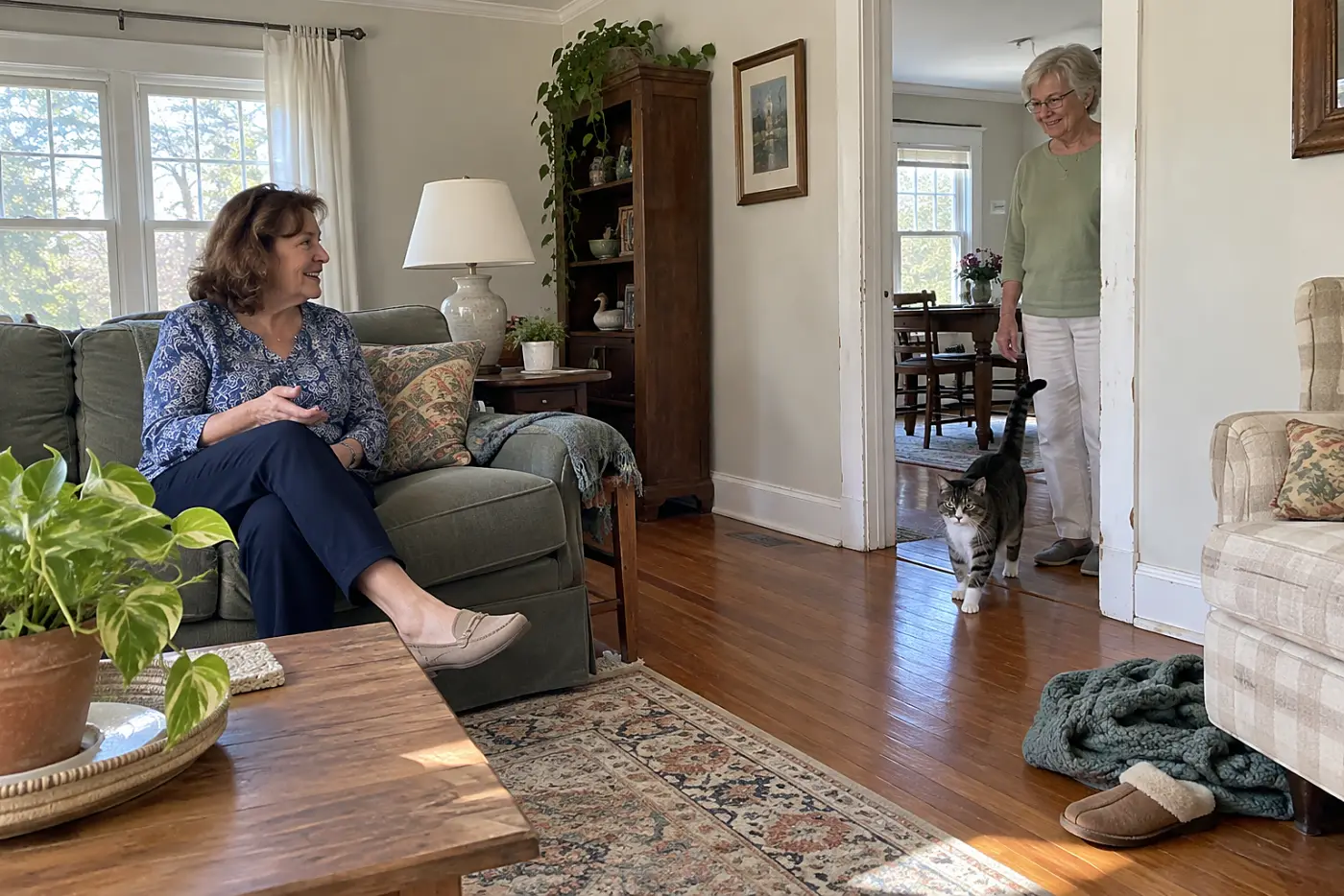 An older woman giving her cat space behind the living room doorway while a friend sits nearby.