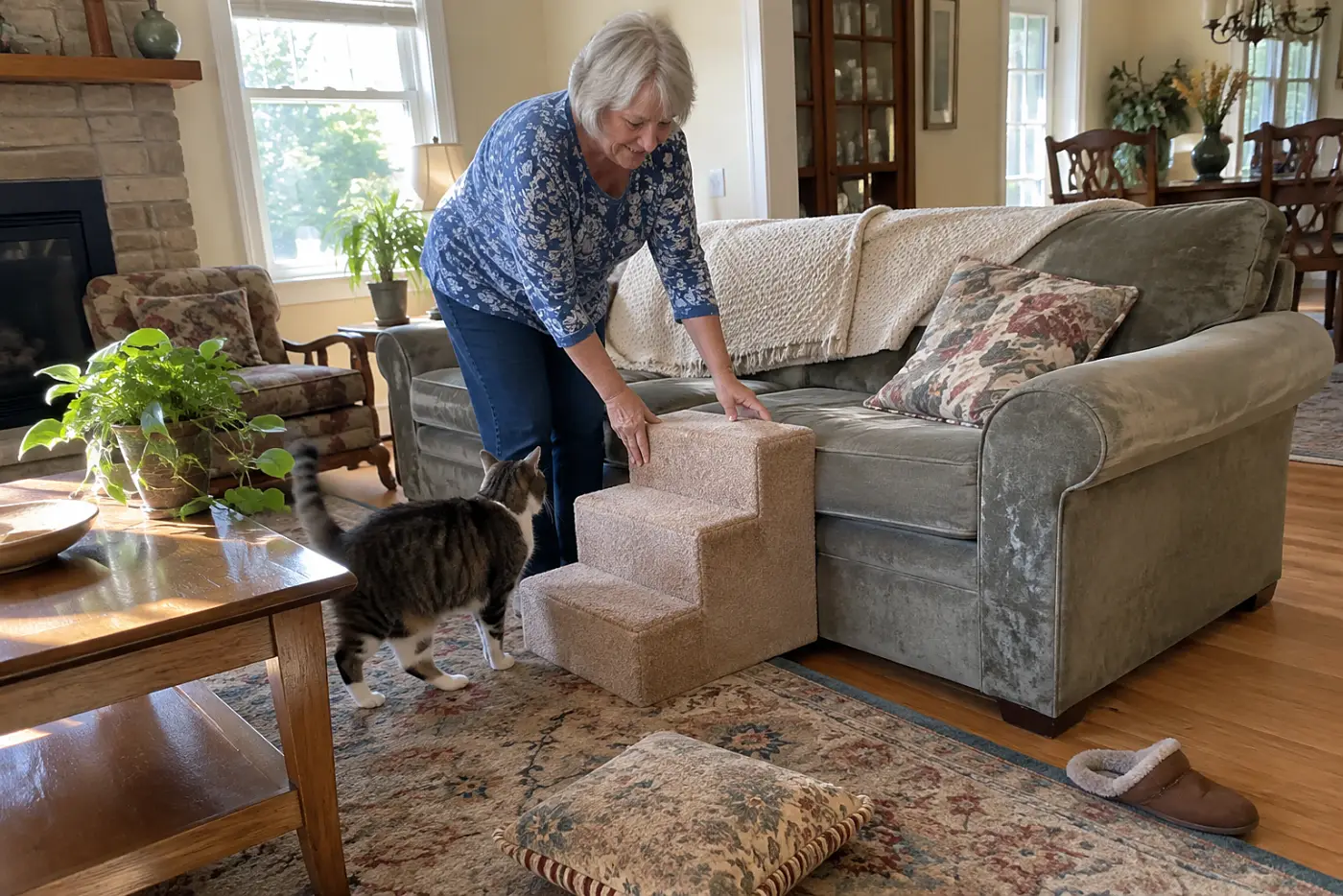 An older woman steadying a pet step beside the sofa while her cat stands nearby.