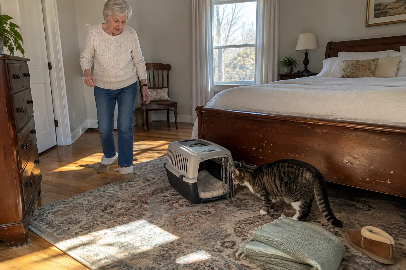 An older woman leaving an open cat carrier on the bedroom floor as her cat looks inside.