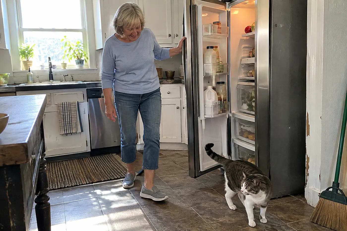 An older woman approaching her cat from the front beside an open refrigerator.
