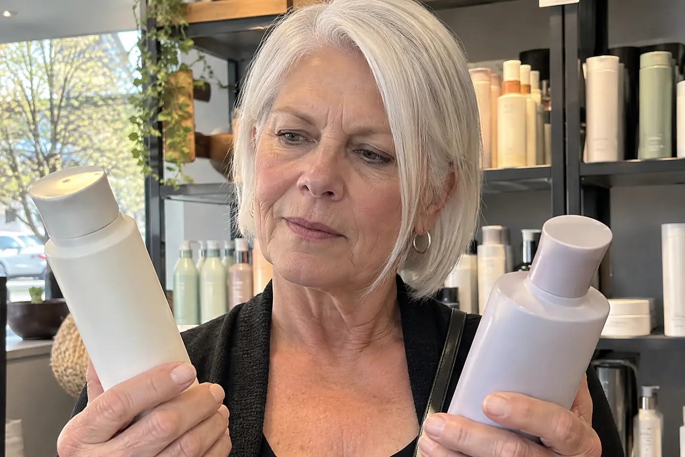 An older woman compares Nioxin System bottles beneath the shelves of a beauty shop.