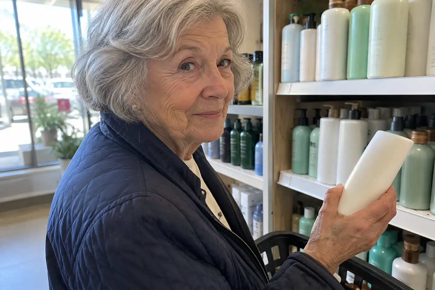 An older woman holds an OGX shampoo bottle beside her shopping basket at a grocery store.