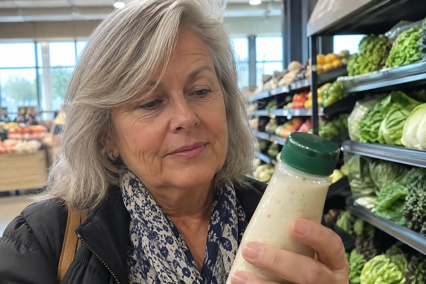 An older woman checks the front of a Viviscal bottle under the lights of a supermarket aisle.
