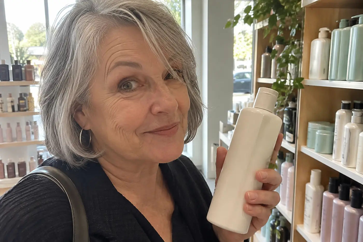 An older woman lifts a Briogeo shampoo bottle from a shelf in a bright beauty store.