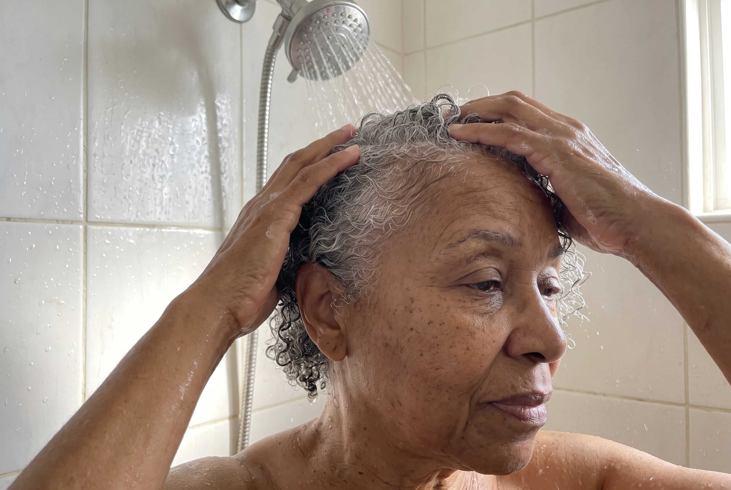 An older woman rinses shampoo from her hair beneath a bathroom showerhead.