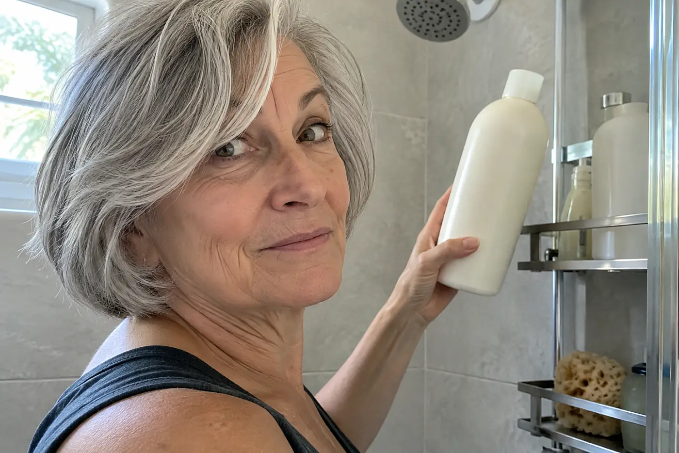 An older woman holds a large Pure Plenty shampoo bottle beside her shower shelf.