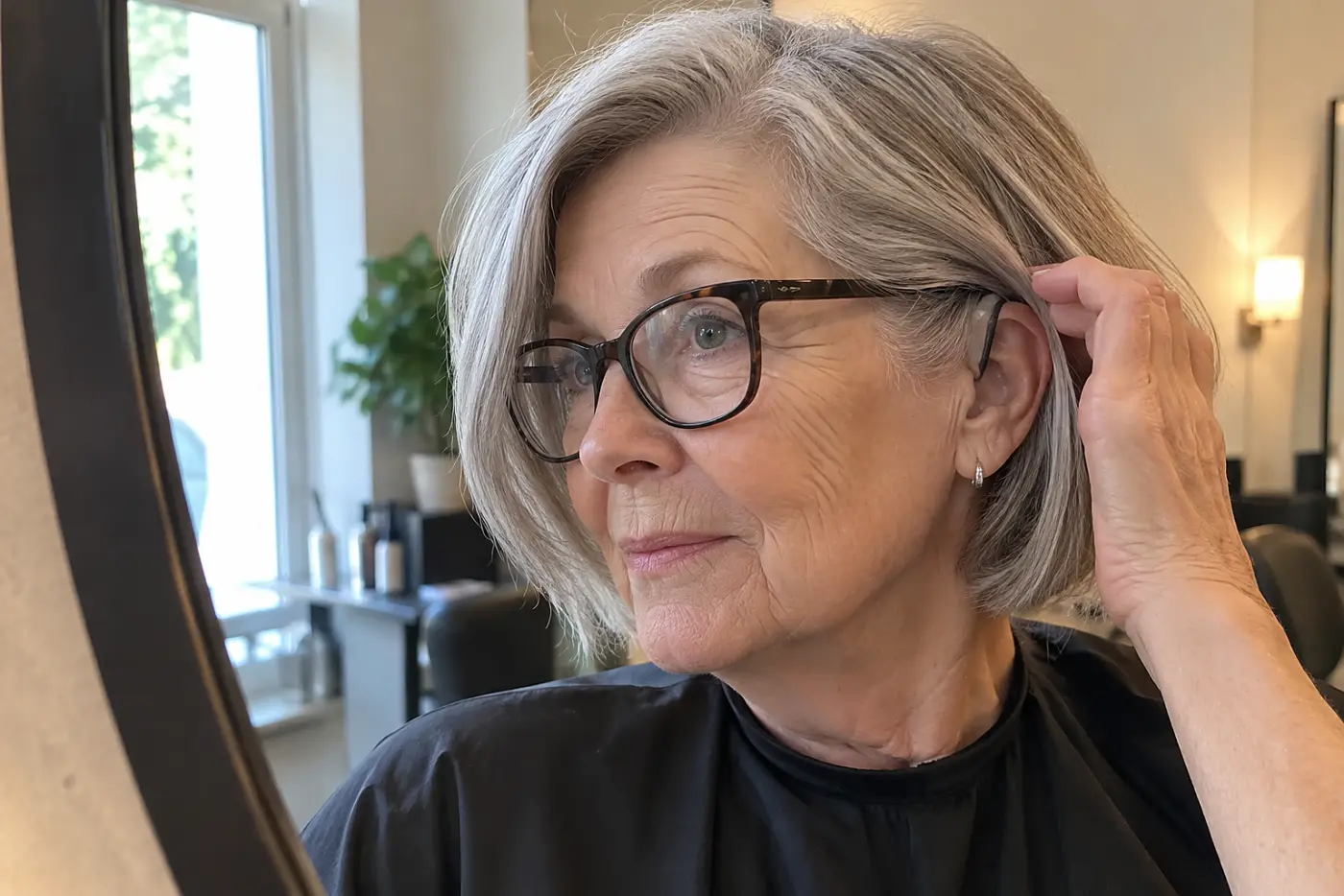 Woman checking her side-parted gray bob with her glasses and behind-the-ear hearing aid in a salon mirror.