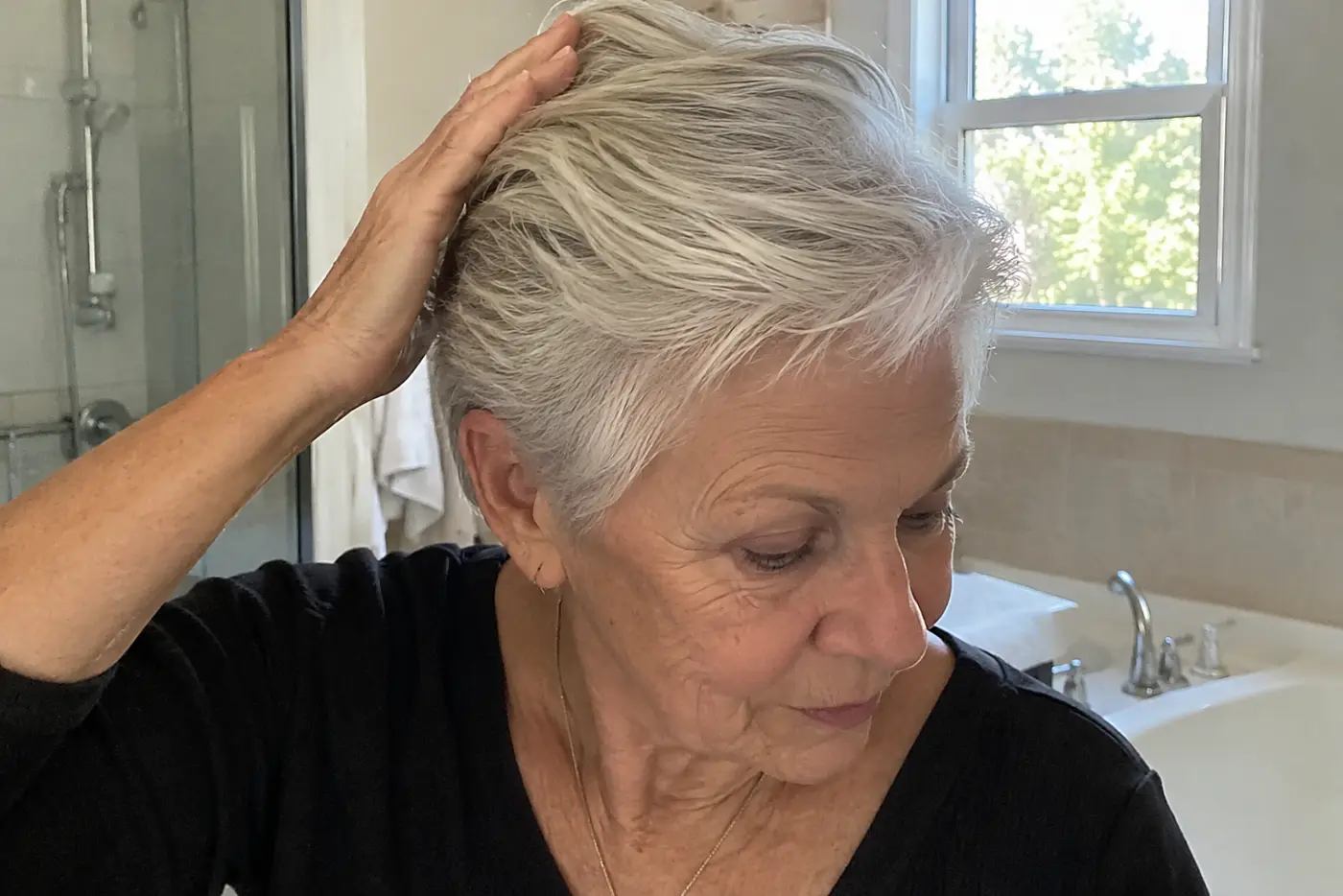 Woman slicking back her silver pixie beside a bathroom sink.