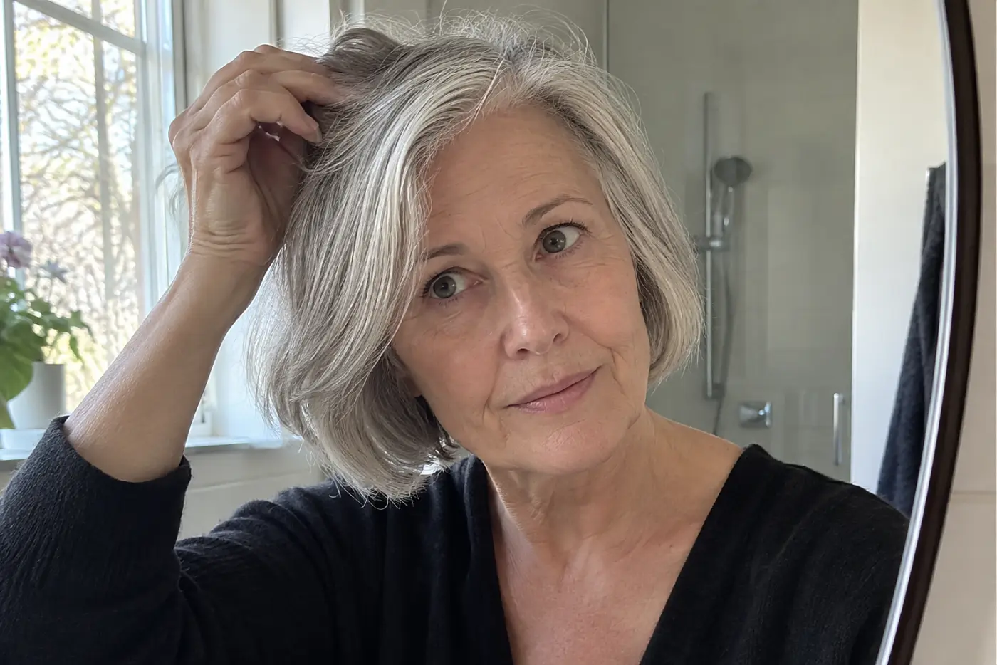 Woman lifting the roots of her fine gray bob in a salon mirror.