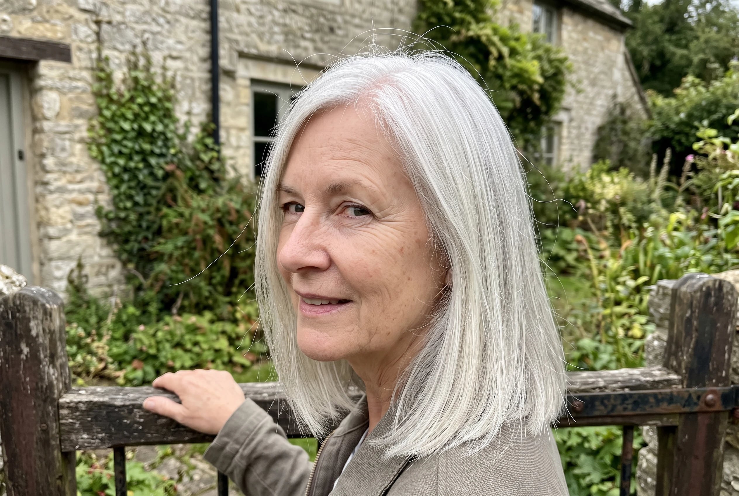 A woman in her sixties with silver-white hair in a blunt, collarbone-length cut.