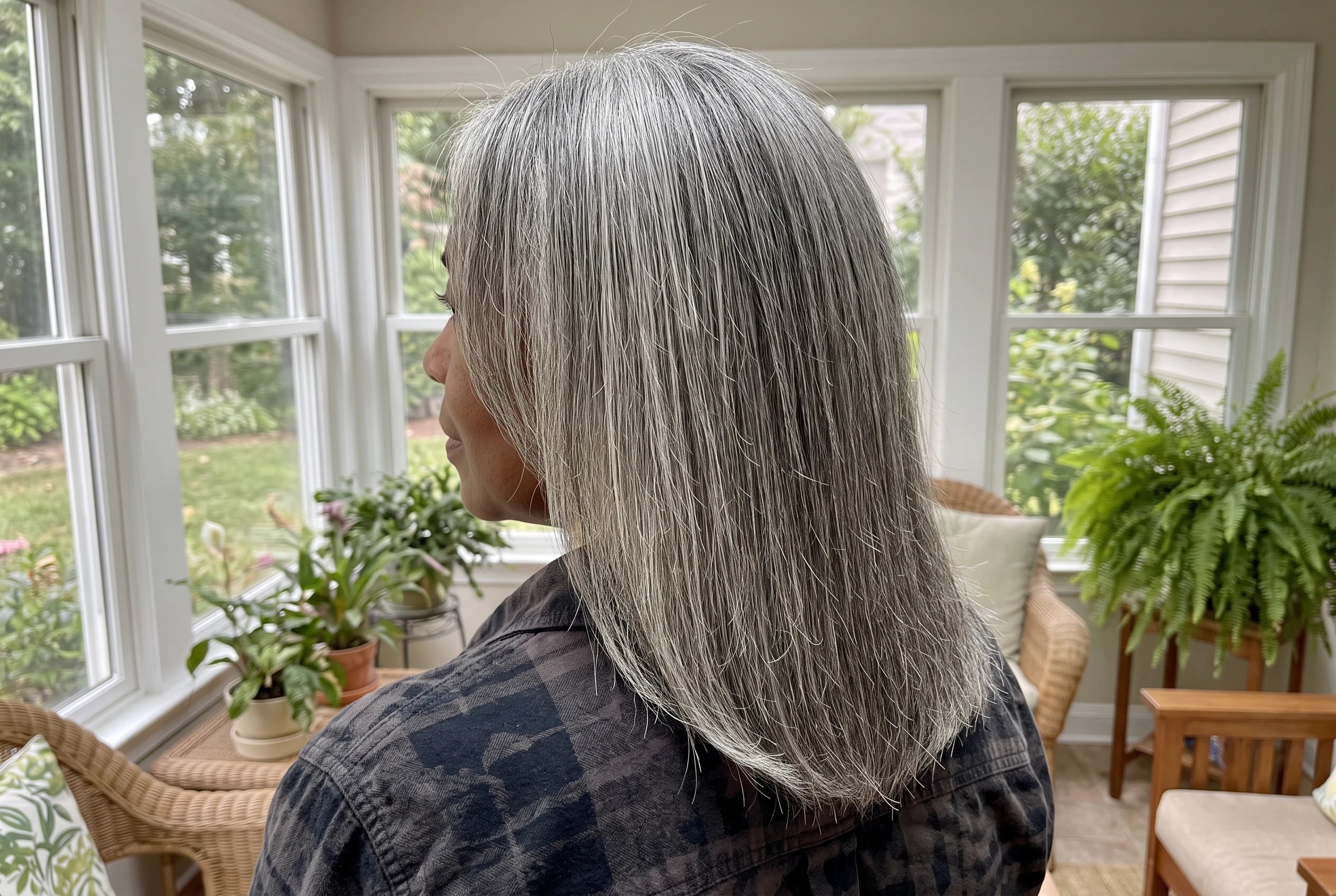 A woman in her sixties shows off her straight grey shoulder-length hair in a sunroom.