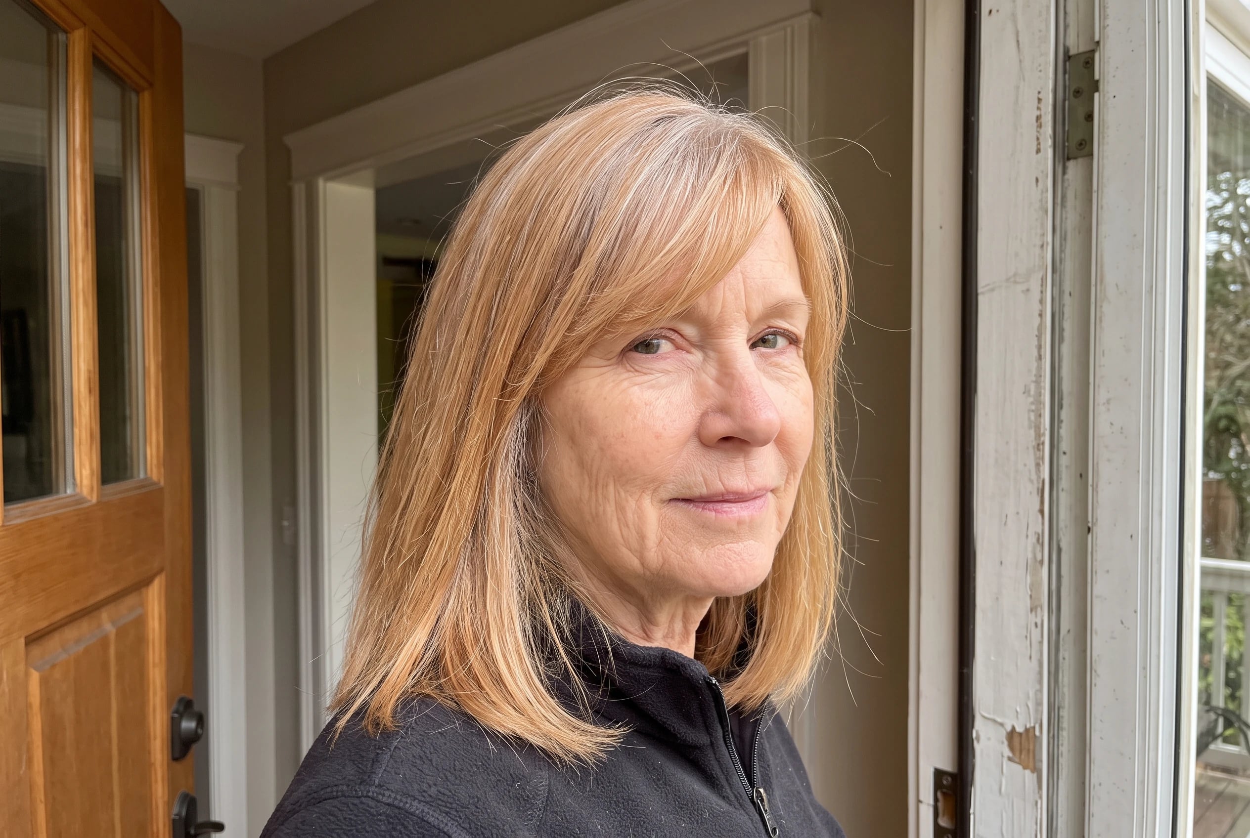 A woman in her sixties wears fine shoulder-length strawberry-blonde hair with long side-swept bangs.