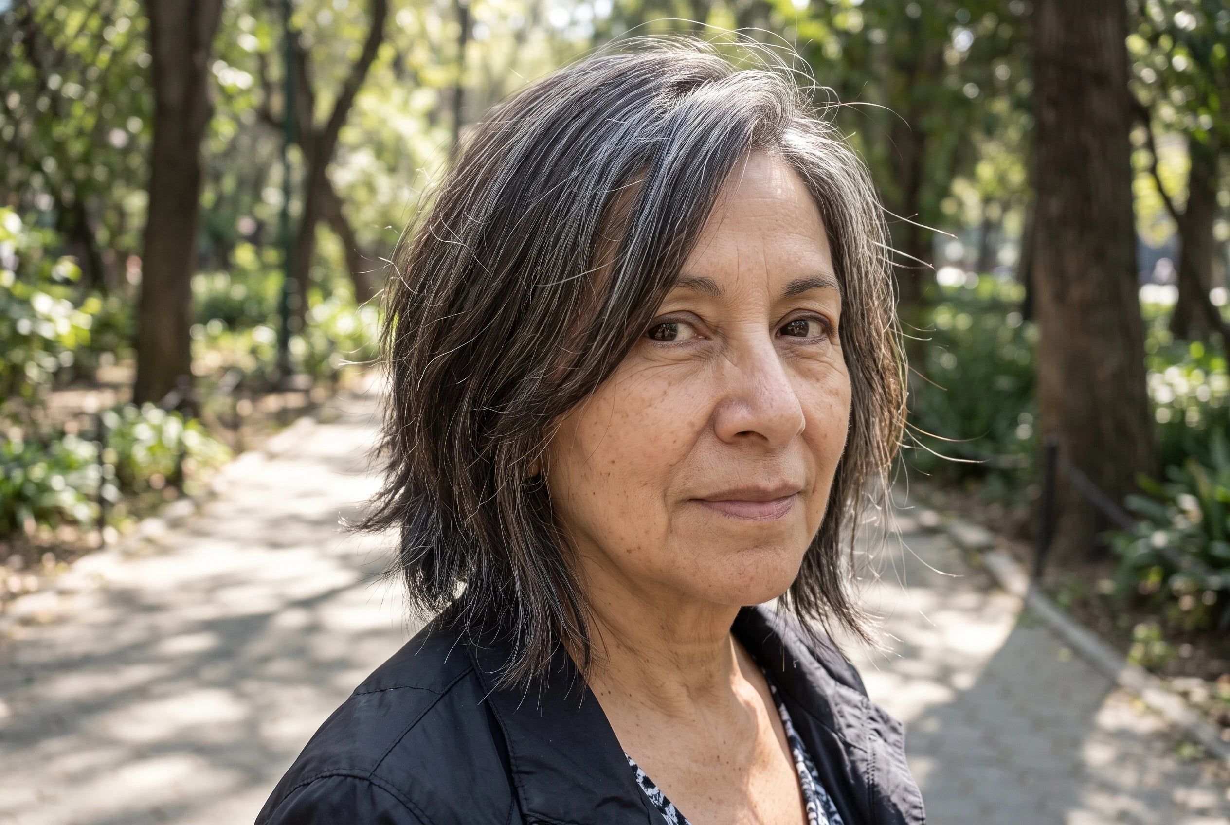 A woman in her sixties with a choppy gray lob stands on a park path.