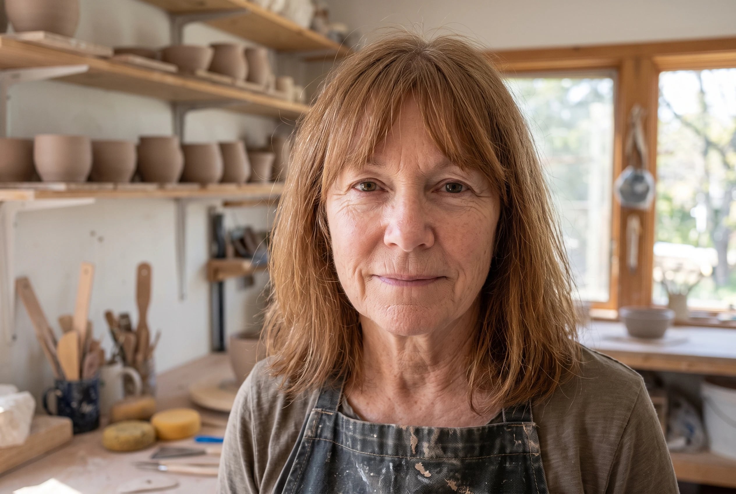 A woman in her sixties with shoulder-length auburn hair and bottleneck bangs wears an apron.