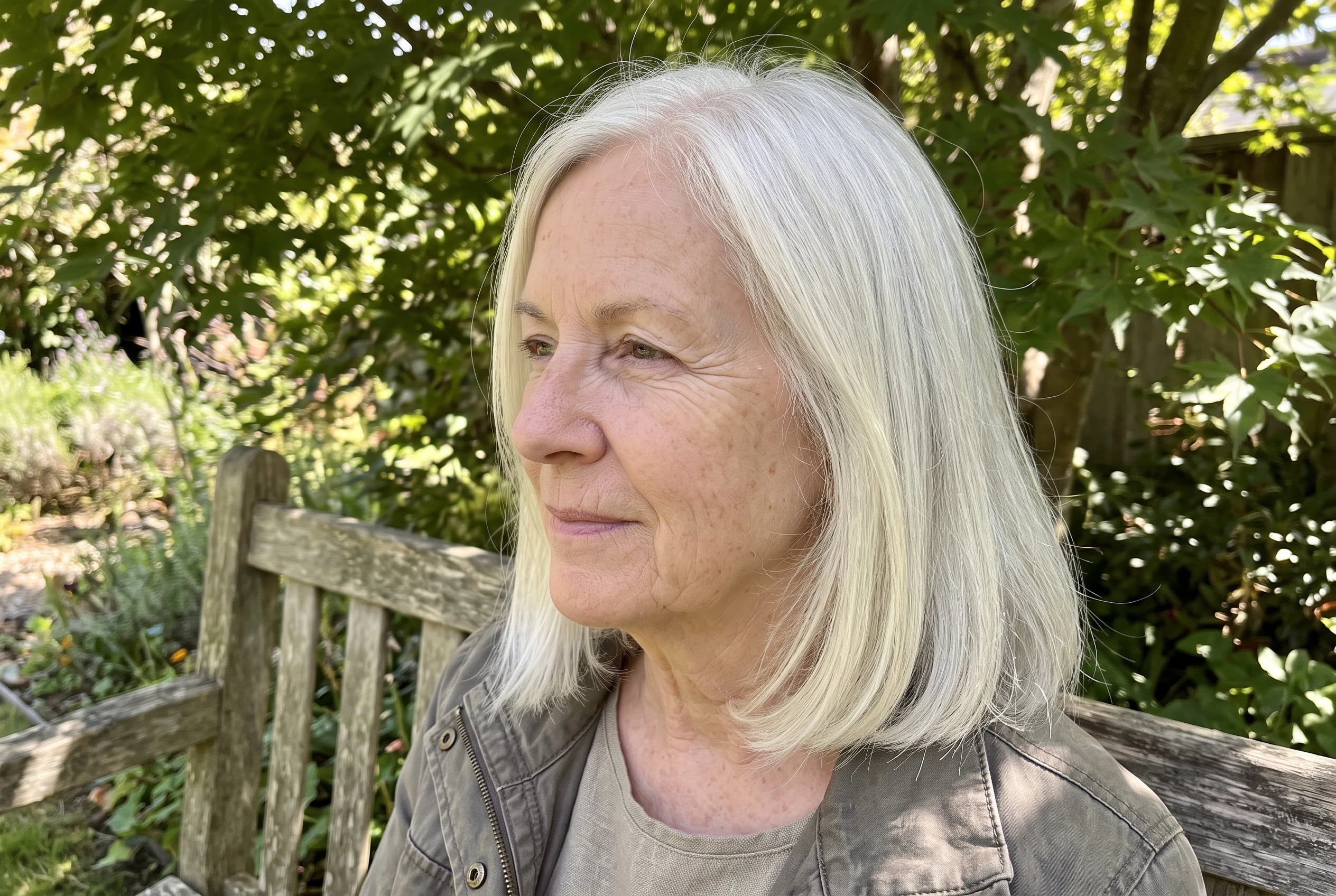 A woman in her sixties wears fine white shoulder-length hair with ends curving under.