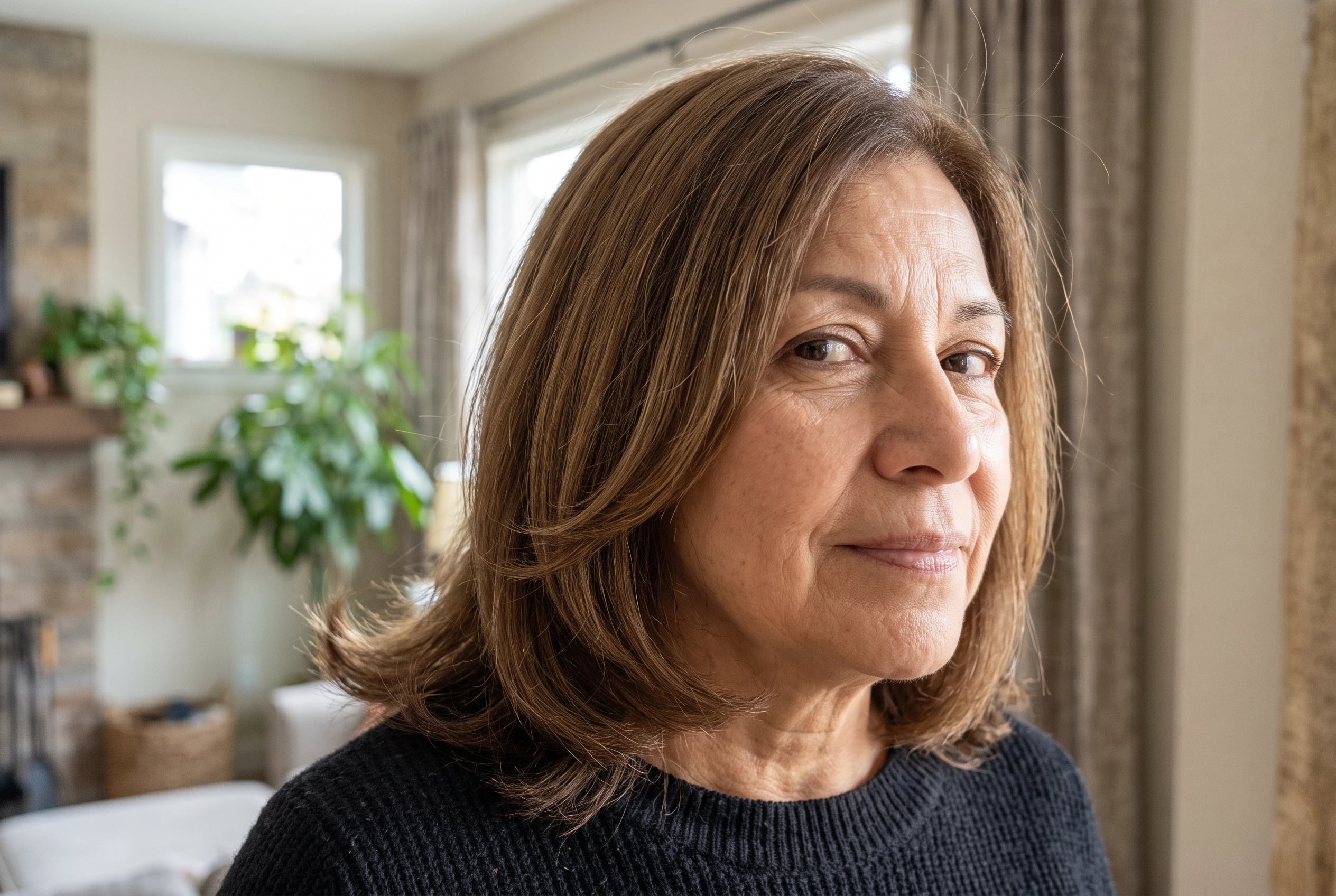 A woman in her sixties with shoulder-length brown hair wears a black knit sweater.