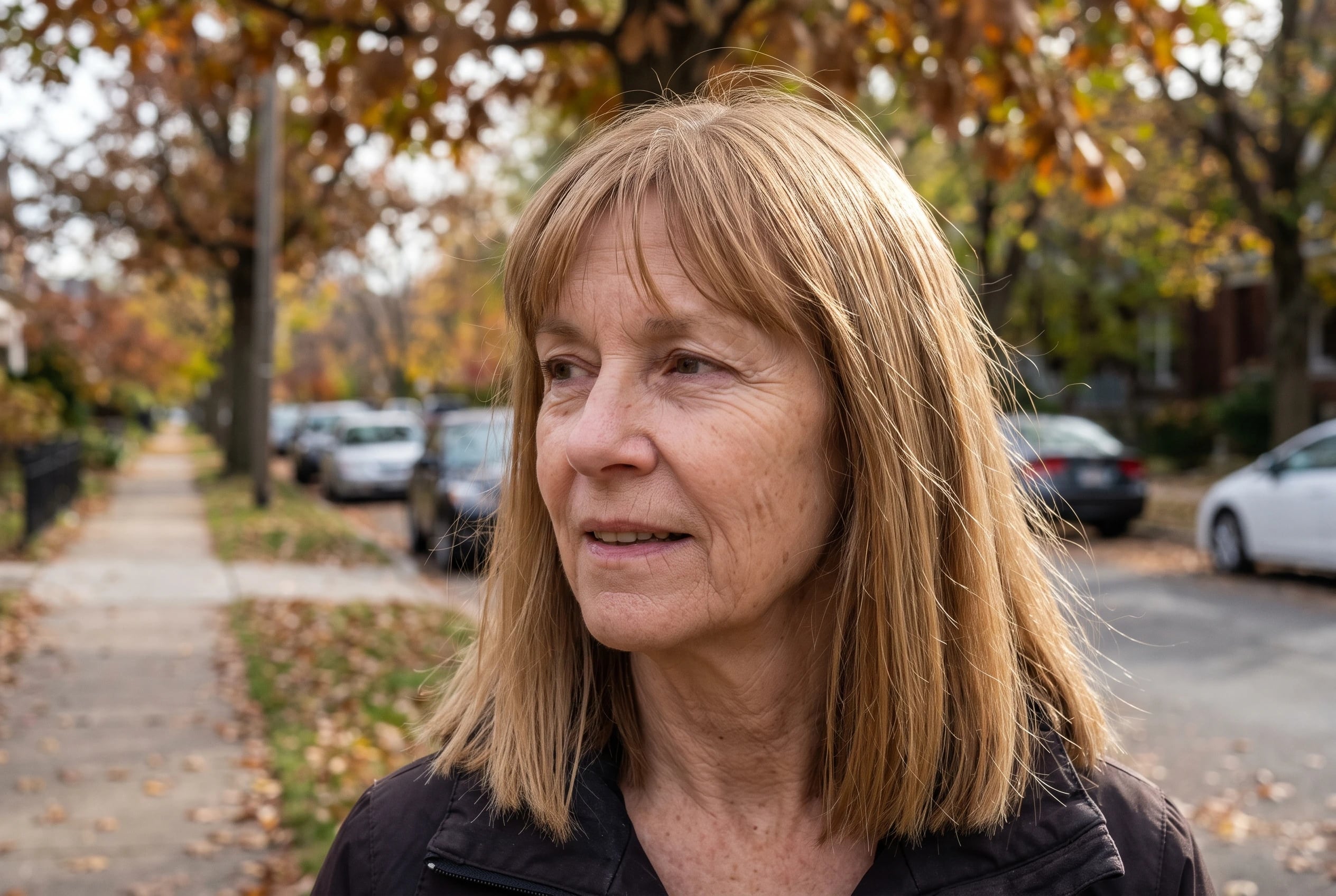 A woman in her sixties with fine blonde hair and wispy bangs stands on a street.