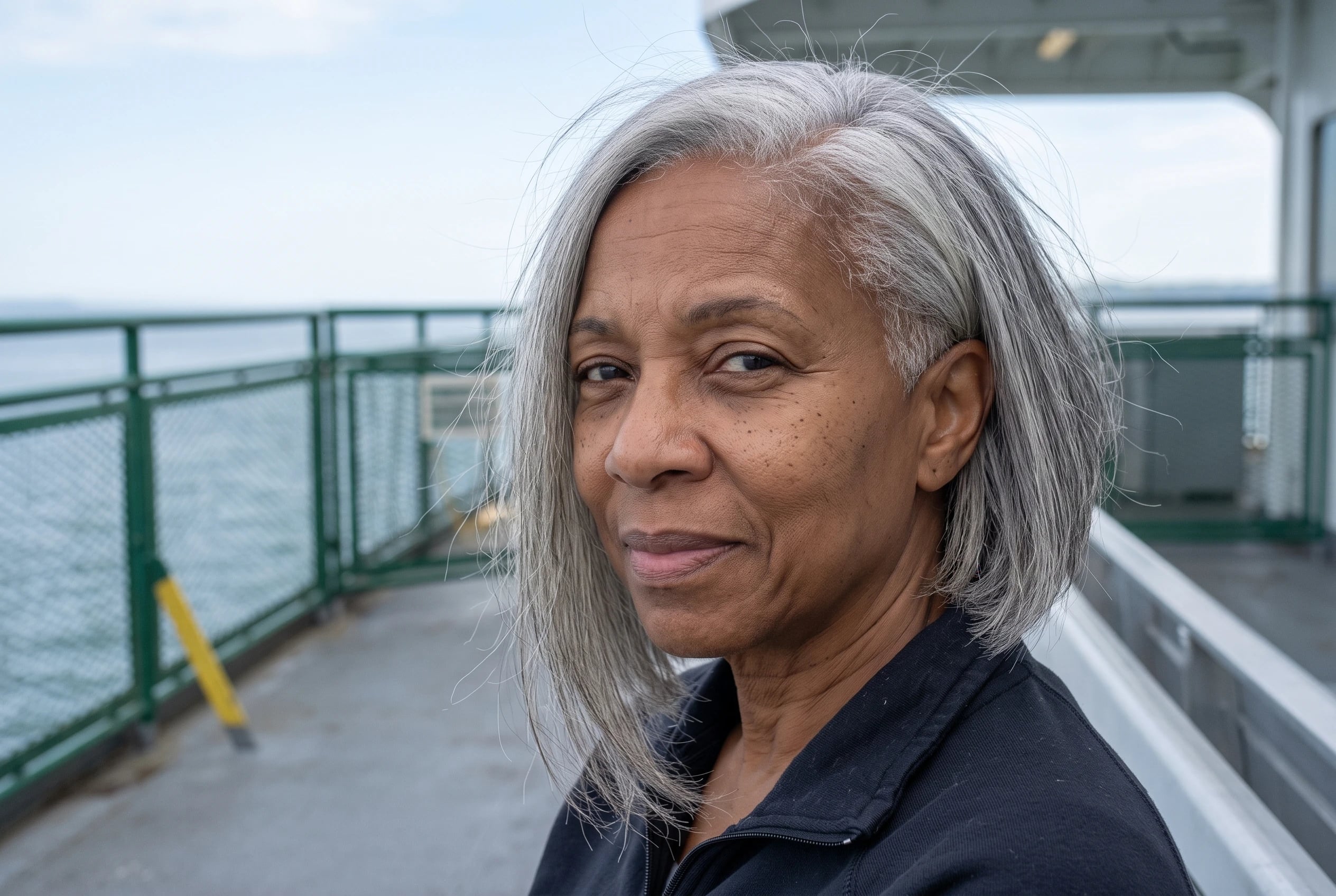A woman in her sixties with silver hair in an asymmetric lob stands on a boat.