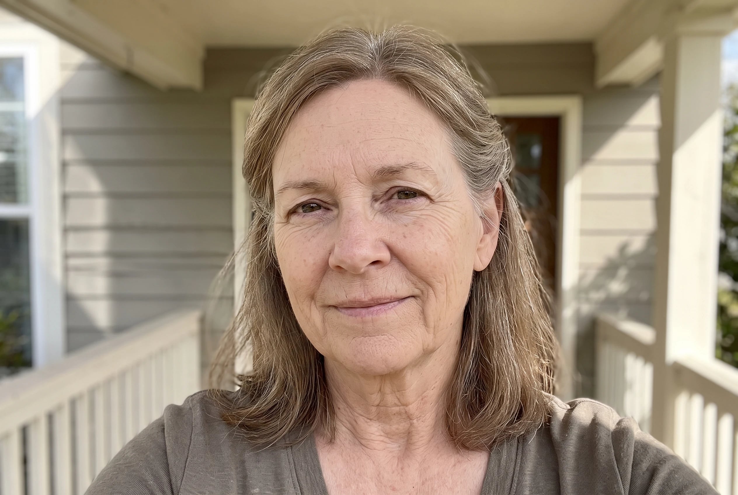 A woman in her sixties with shoulder-length hair feathered back stands on a porch.