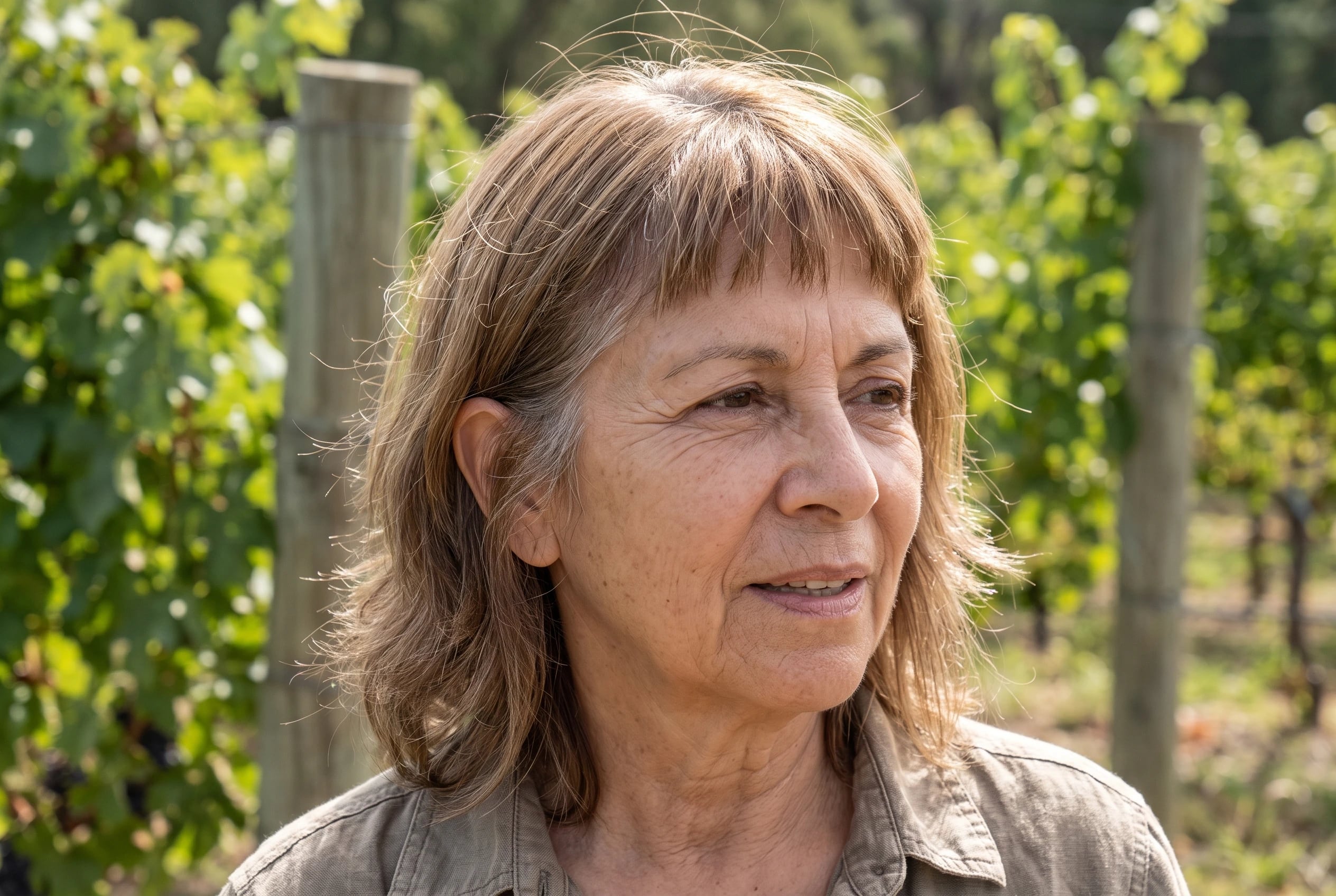 A woman in her sixties with a shoulder shag and choppy bangs stands in a vineyard.