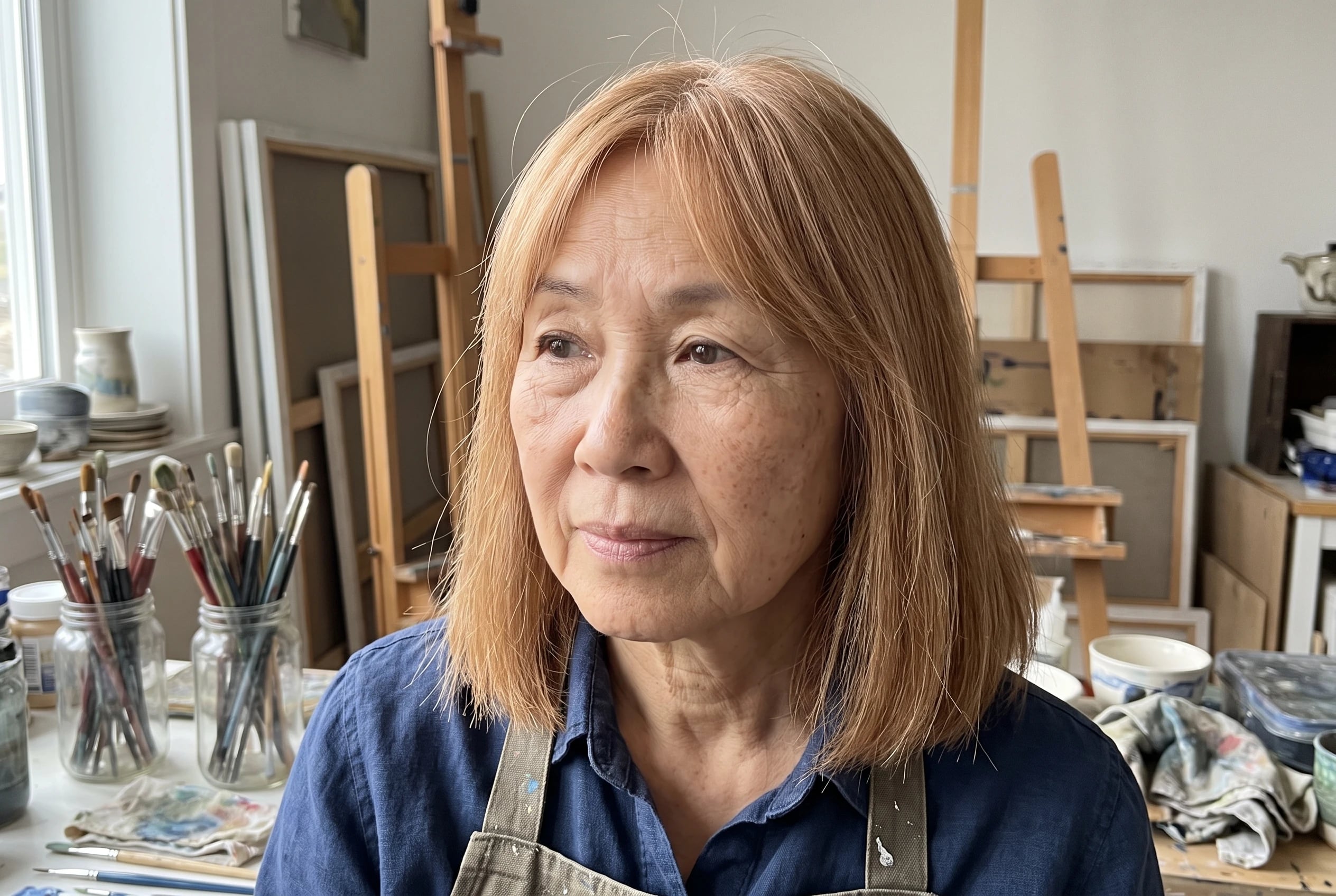 A woman in her sixties with shoulder-length hair and curtain bangs in an art studio.