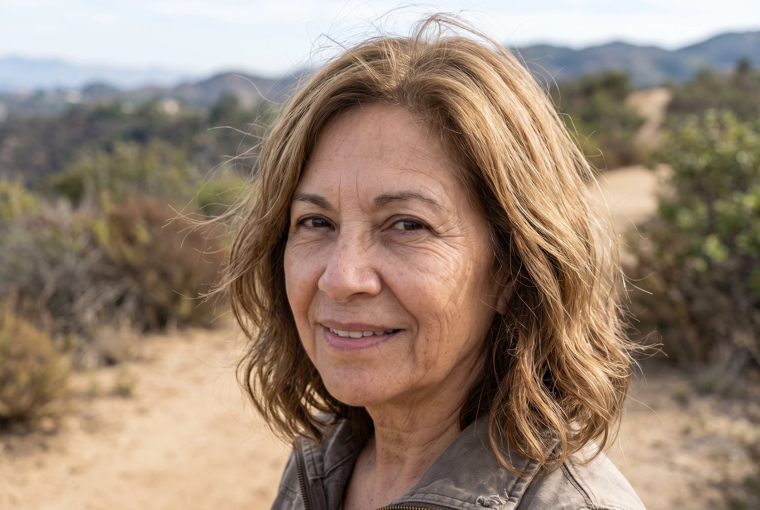 A woman in her sixties with fine wavy blonde hair smiles along a trail.