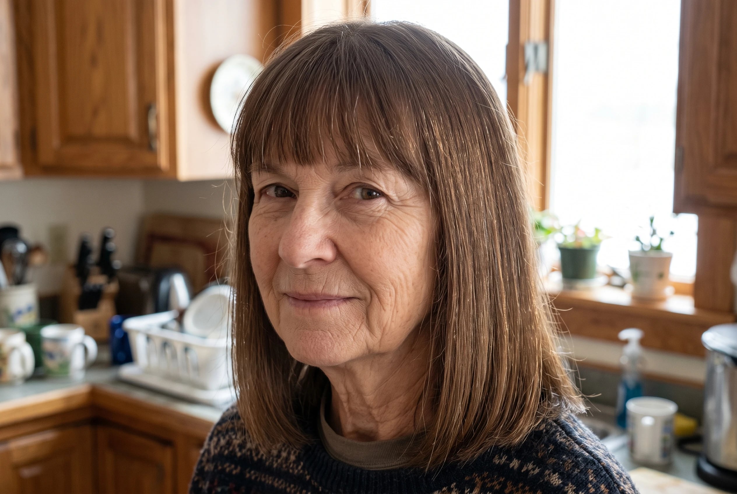 A woman in her sixties with shoulder-length brown hair and blunt bangs in a kitchen.
