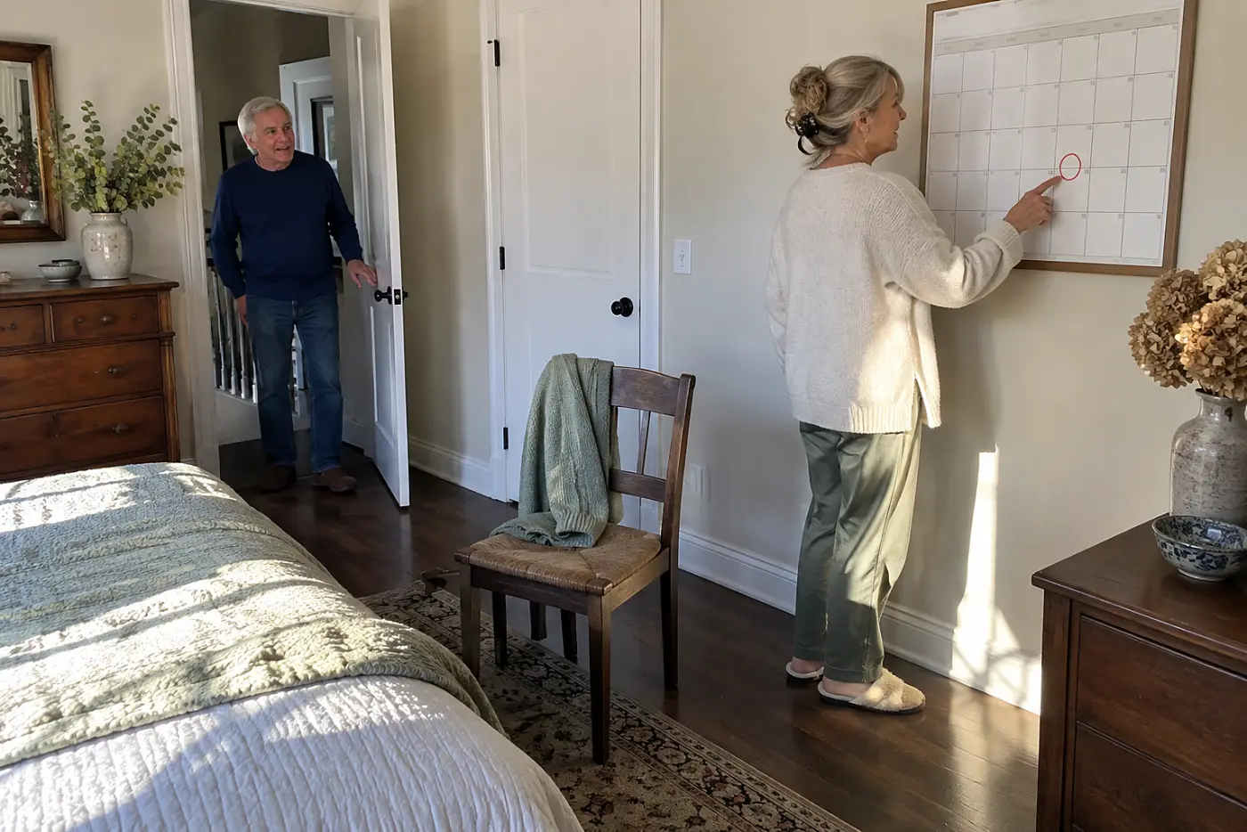 A woman in her 60s looking at a wall calendar with an appointment circled in a bedroom.
