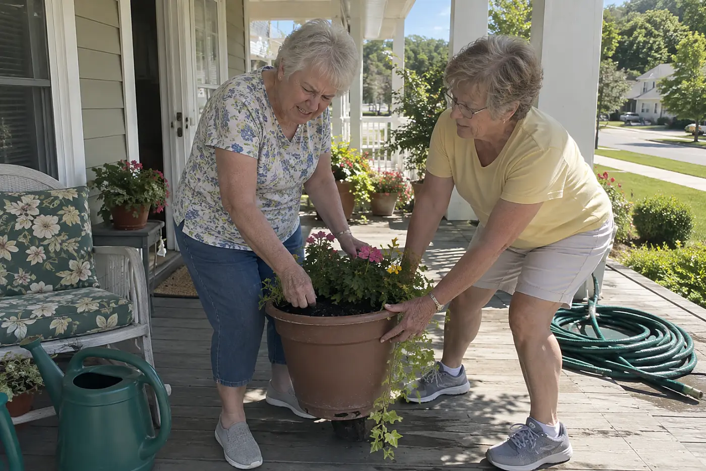 A woman in her 70s pressing a finger into the soil of a potted plant on a porch.