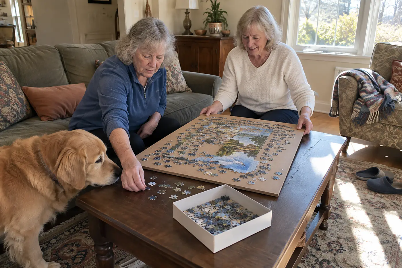 Two women in their sixties solve a jigsaw puzzle on a coffee table beside a dog.
