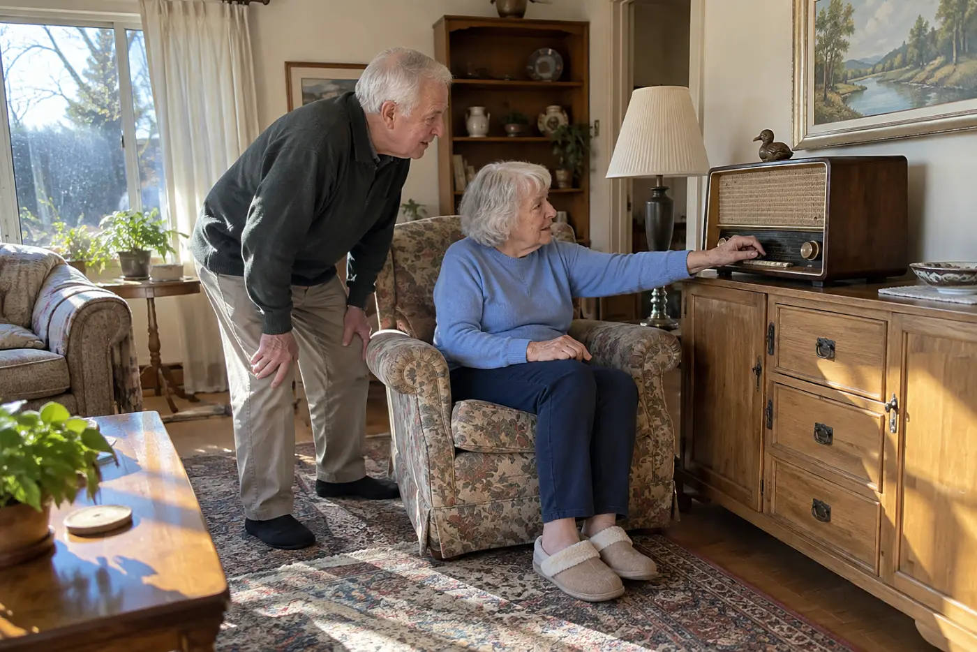 An elderly woman tunes a vintage wooden radio while a man stands beside her.