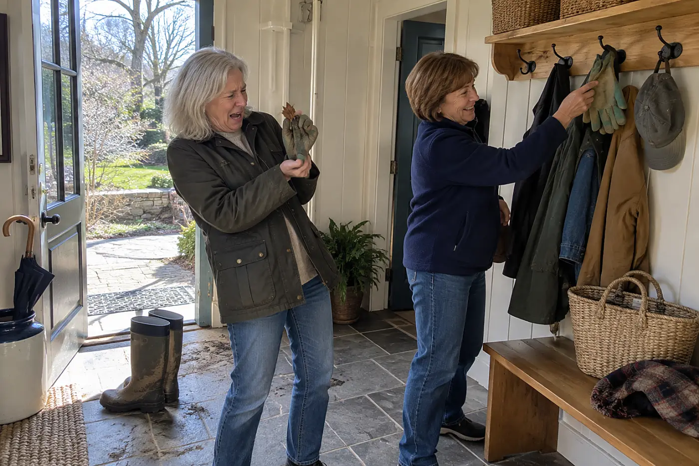 A woman in her 60s feeling inside a gardening glove beside a mudroom hook.