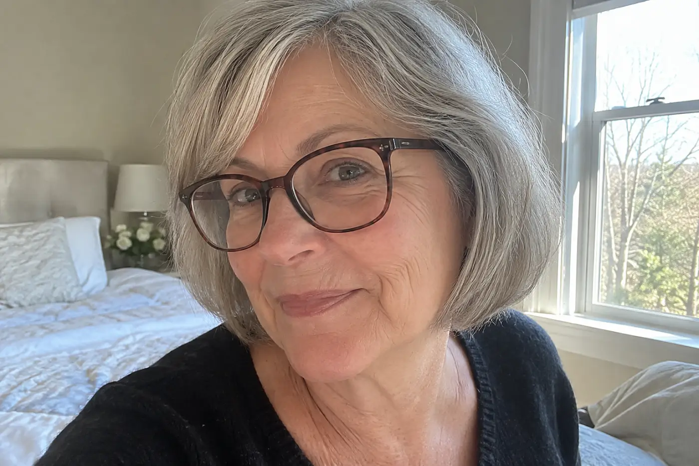 A smiling woman in her sixties with short grey hair wears deep tortoiseshell glasses.
