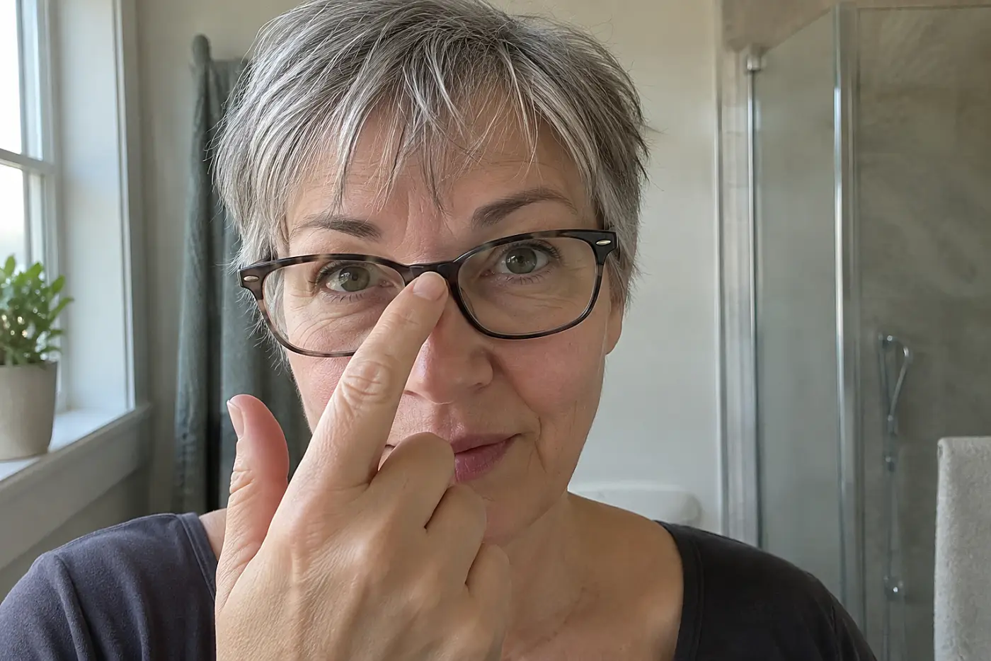 A woman over 50 touches the bridge of her glasses in a bathroom.