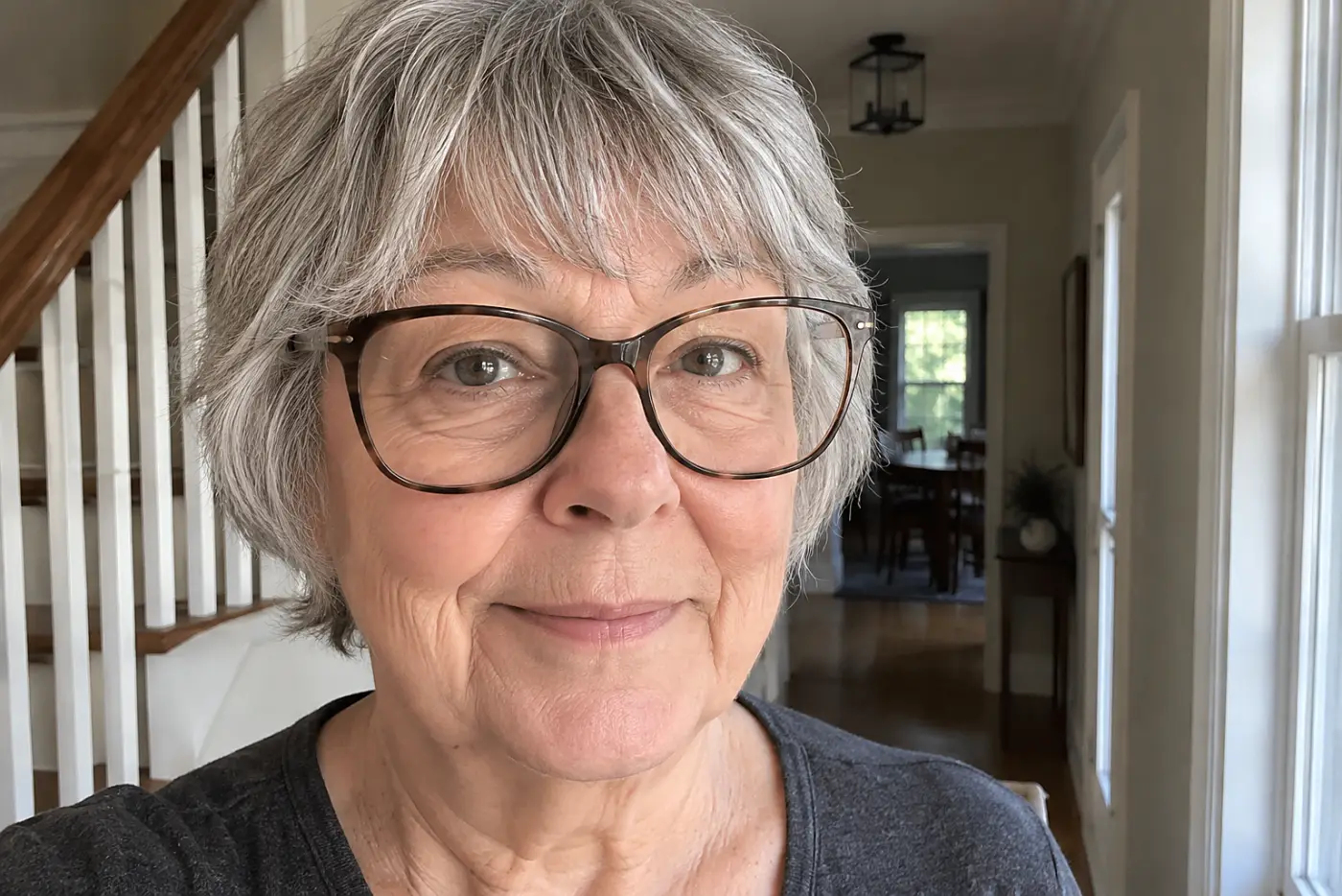 A woman with short grey hair wears tortoiseshell glasses wider than her face.