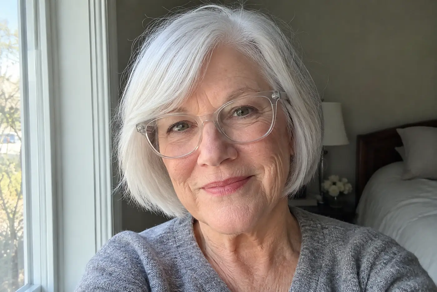 A woman in her sixties with short grey hair wears pale, clear glasses and a grey sweater.