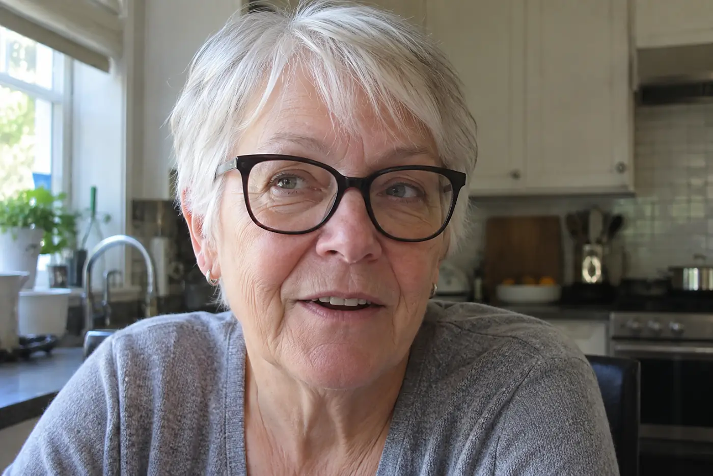 A smiling woman in her sixties wears thick black glasses while sitting in a kitchen.