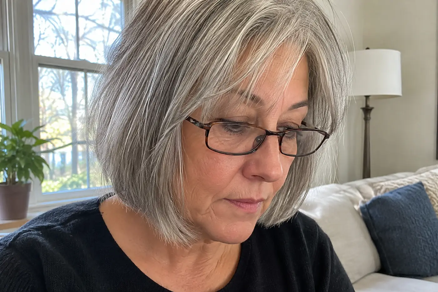 A woman with short grey hair wears tiny rectangular glasses while looking down.