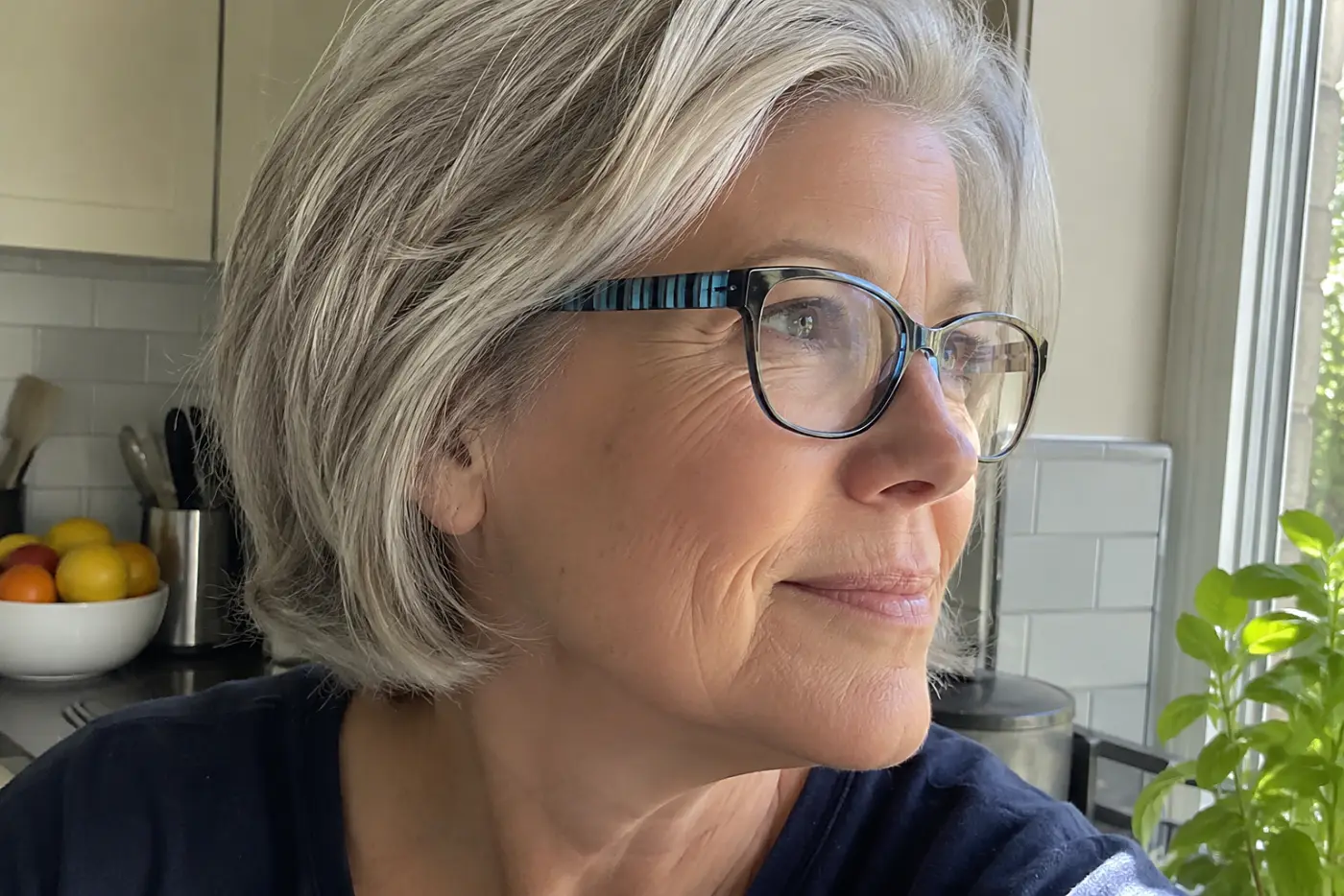 A woman in her sixties with grey hair wears blue-striped glasses near a kitchen window.