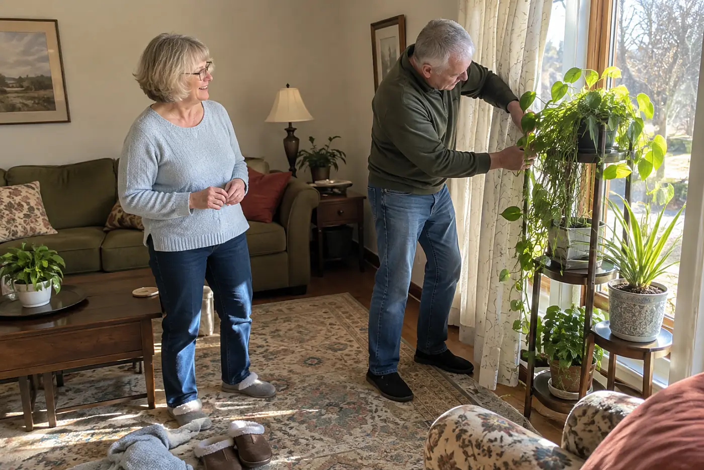 A woman in her sixties wearing glasses stands beside a man adjusting a potted plant.