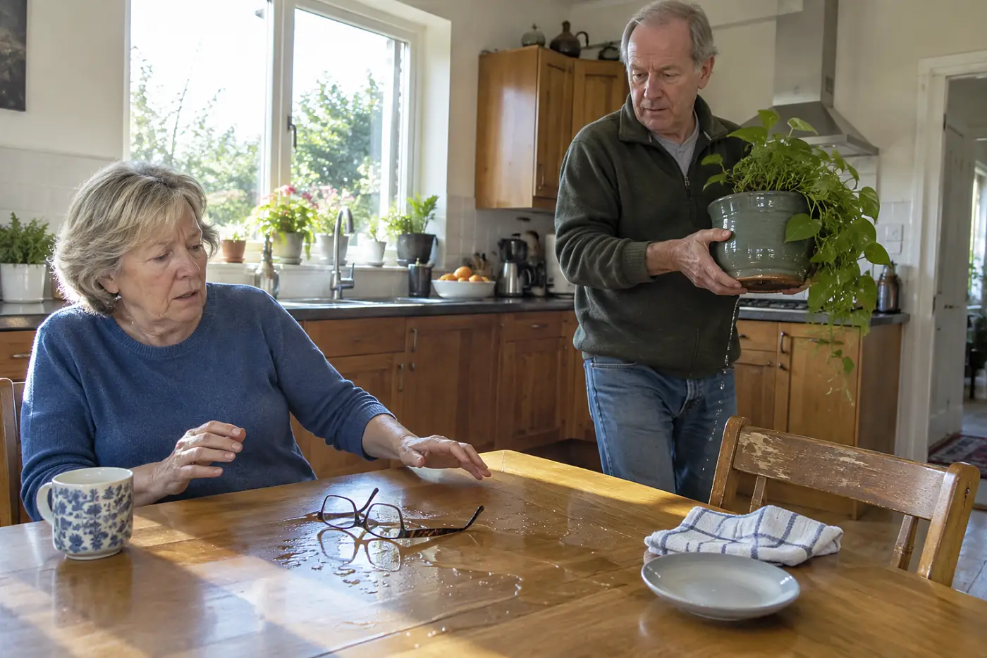 A woman in her sixties reaches for brown glasses on a wet table.