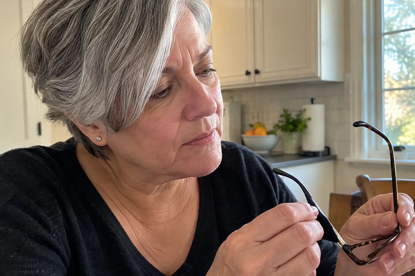 A woman with short grey hair examines her tortoiseshell eyeglasses frames at a kitchen table.