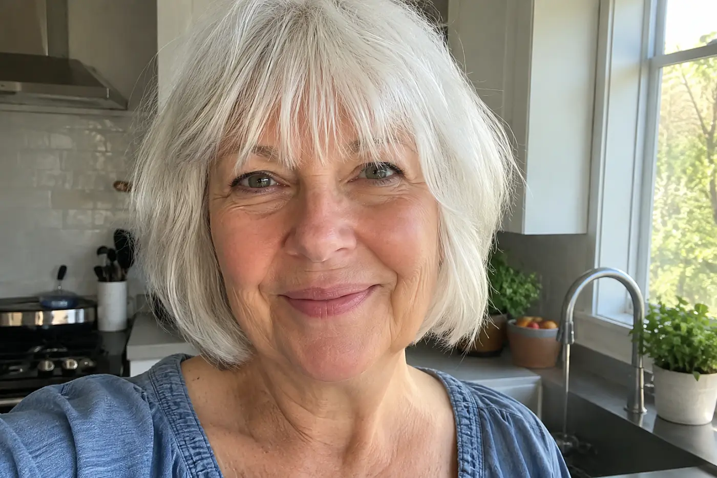 A woman in her sixties with short grey hair and bangs smiles in a kitchen.