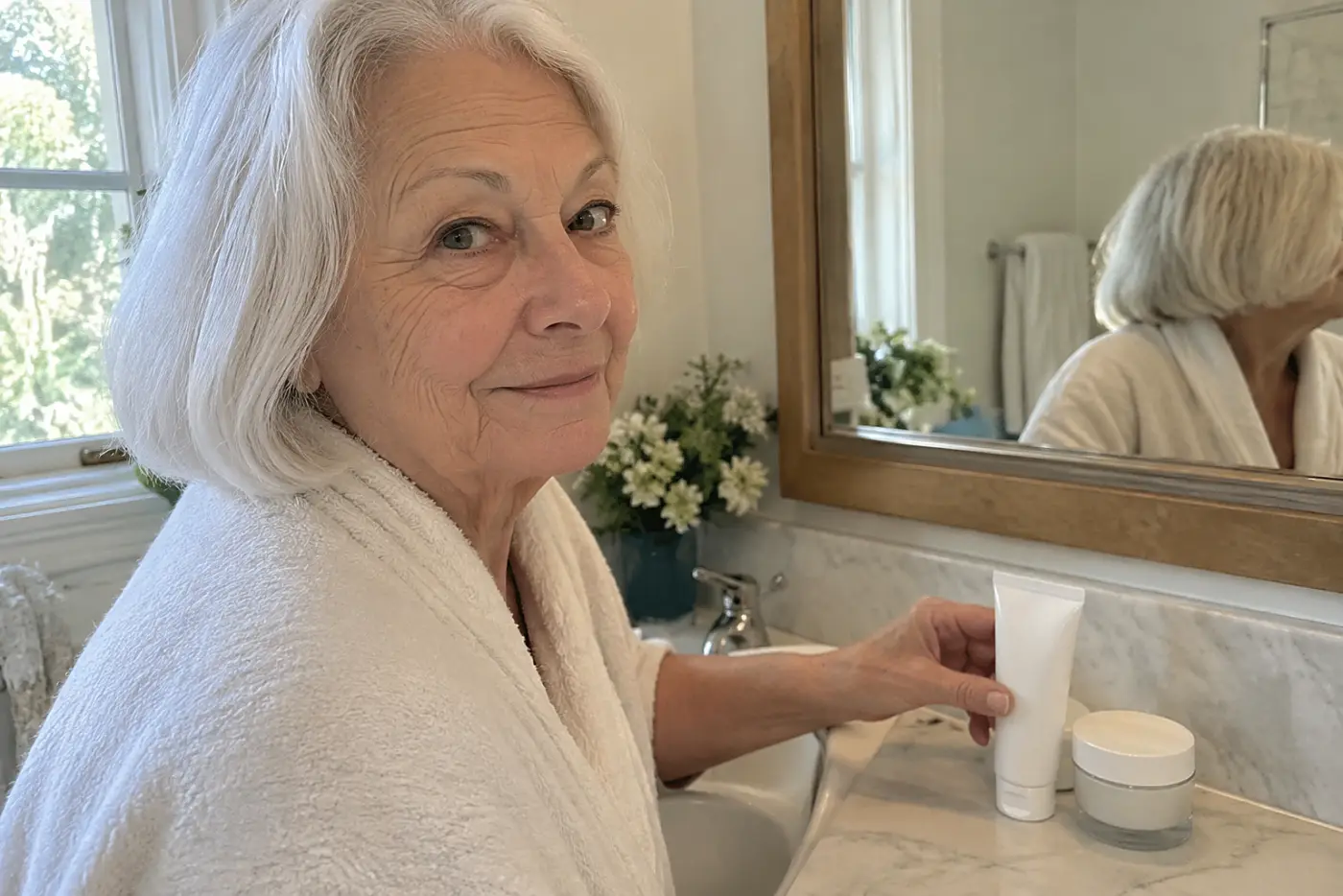 Older woman setting a retinoid tube beside moisturizer on a bathroom counter.