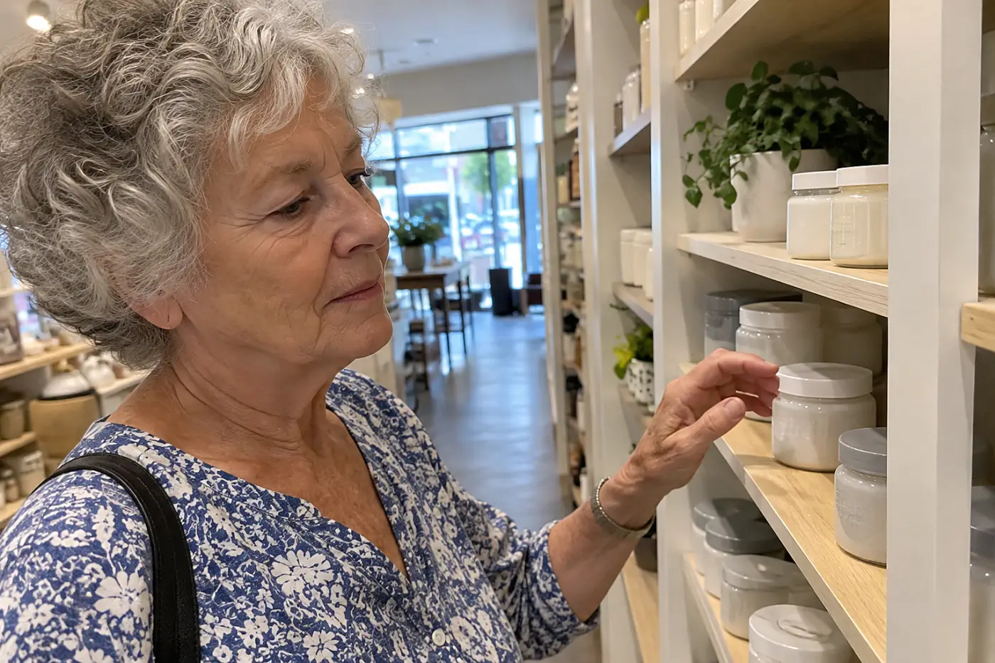 Older woman returning a facial scrub to a store shelf.