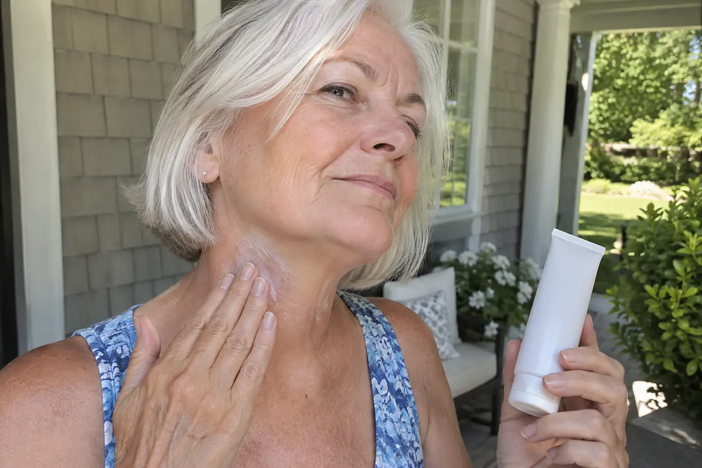 Older woman applying sunscreen to her neck on a front porch.
