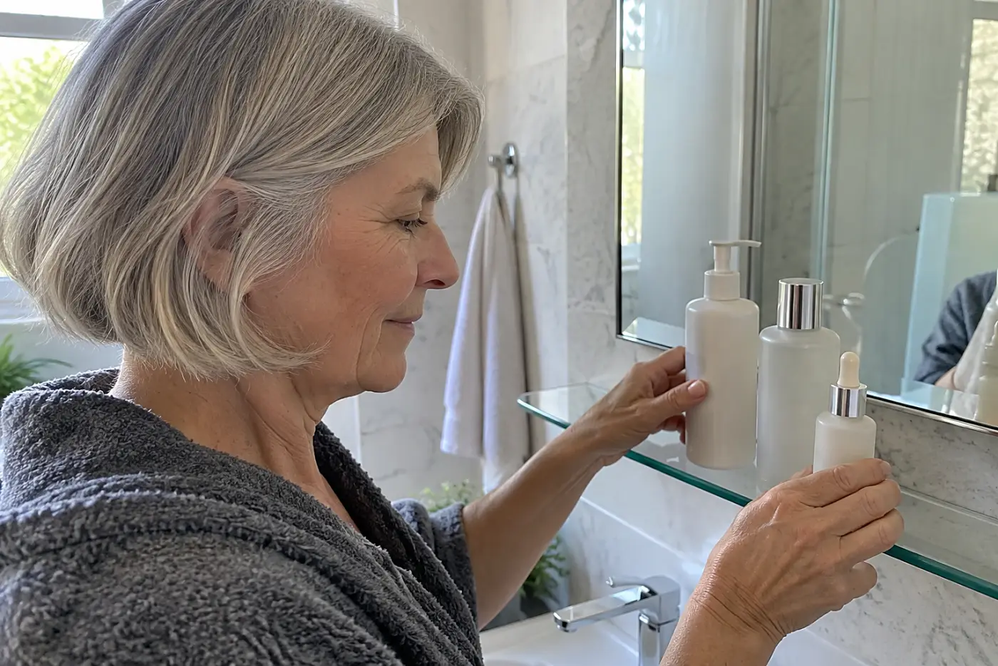Older woman lining up skin-care bottles on a bathroom shelf.